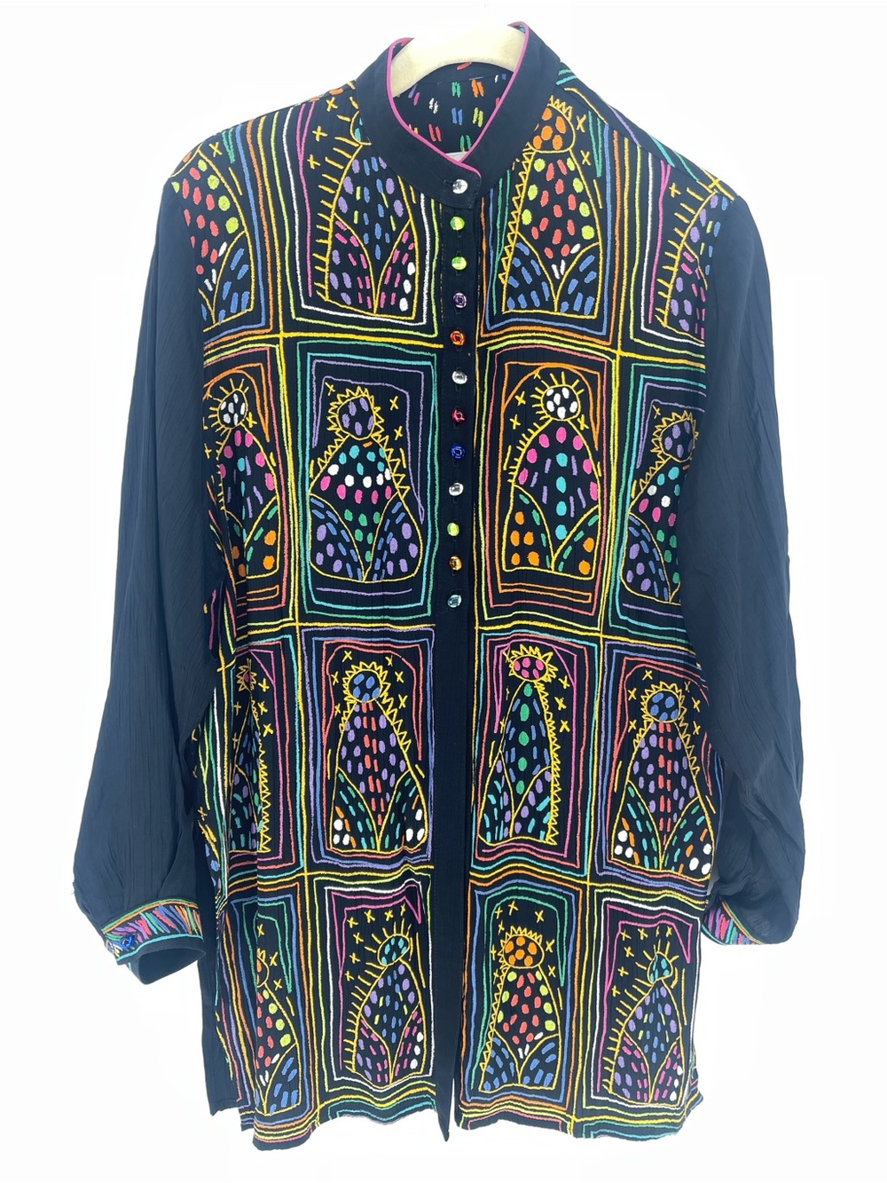 Platinum by Dorothy Schoelen Black Multicolor Embroidered Button-Down Shirt